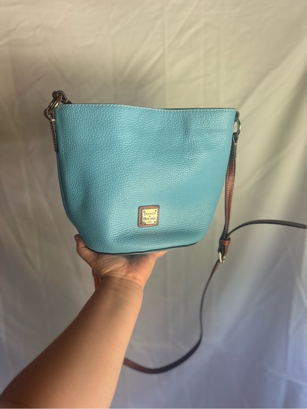 Dooney & Bourke Sky Blue Pebble Leather Crossbody with Brown Strap - Picture 2 of 11